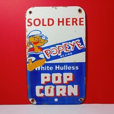 Vintage POPEYE POP CORN White Hulless Porcelain Enamel Metal Sign 10" x 6"