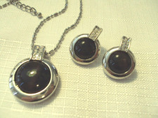 16" SILVER TONE BROWN FAUX STONE RHINESTONE PENDANT NECKLACE EARRINGS SET 30