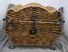 Vtg Brown Woven Wicker Basket With Black Wrought Iron Accents Handles