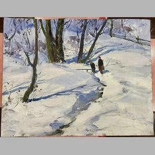 Big USSR OIL Hand PAINTING /Near spring in snow/ Winter Landscape Realism Canvas