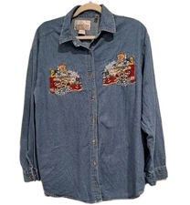 VTG Denim Shirt Carolina Colours Embroidered Teddy Bears in BathtubSz L