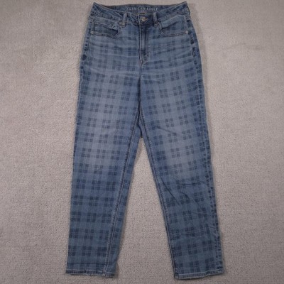 American Eagle Mom Straight Jeans Womens 6 Blue Plaid High Rise Stretch Denim
