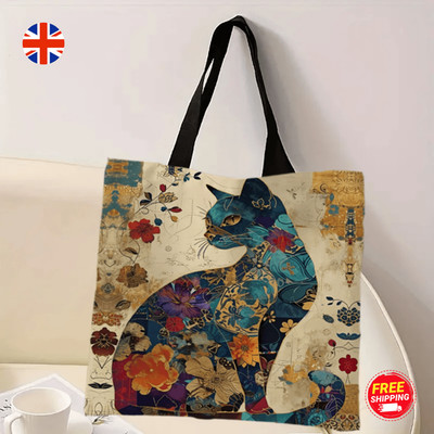 Katze Blumen Tragetasche - Retro Schultertasche mit großer Kapazität für den täglichen Gebrauch