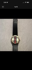 Gucci Gold Plated Quartz Leather Strap Wristwatch Black Band Striped Dial