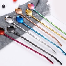 Stainless Steel Long Drinking Straw Spoon Tea Coffee Kitchen Party Accessory 