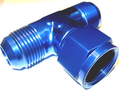 10 an Tee fitting with Female swivel on side Show Polished Blue Anodized Alum