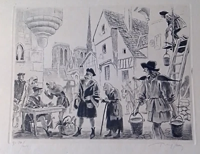 GRAVURE D'UNE SCENE DE RUE AU MOYEN AGE NUMEROTEE ET SIGNEE - Photo 1/4