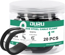 OURU 20pcs 1 Inch Stainless Steel Cable Clamps, Rubber Coated (Black, 25mm)