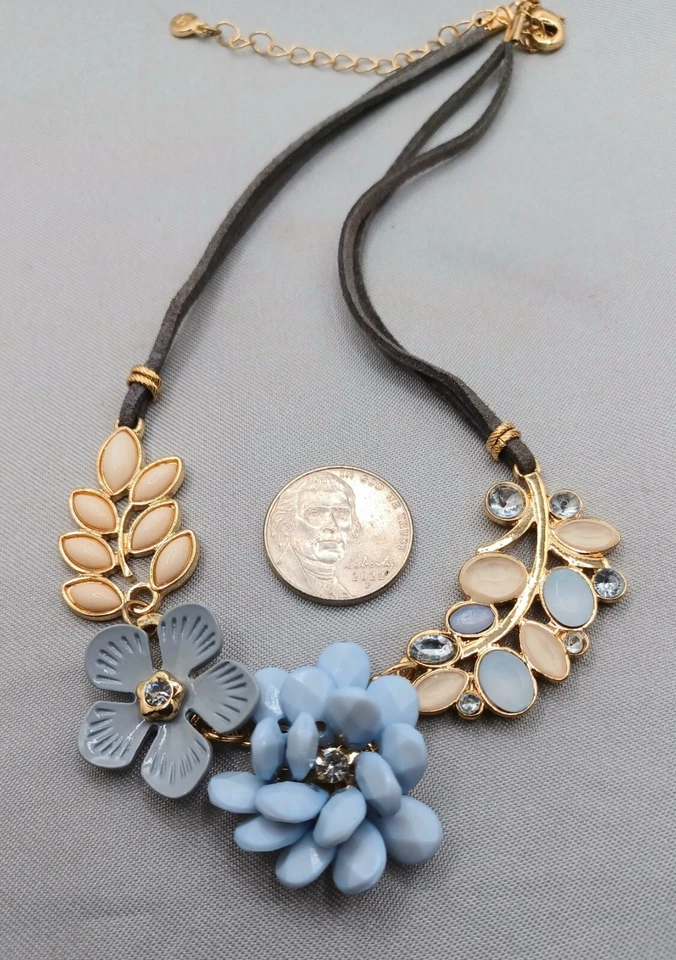 Liz Claiborne Floral Necklace Light Blue & Ivory Rhinestone & Enamel Gray Cord - Image 4 of 4