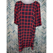 GAP DESIGNED & CRAFTED NAVY BLUE RED WINDOWPANE PLAID 1/2 SLEEVE SHIFT DRESS XS