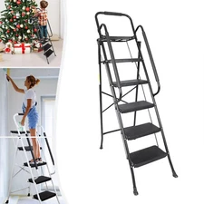 5 Step Non-Slip Stool Ladder with Handrails Folding Tool Tray Platform 330 lbs