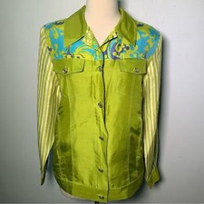 Vintage 100 silk mix prints Green striped Animal and floral print jacket 80s