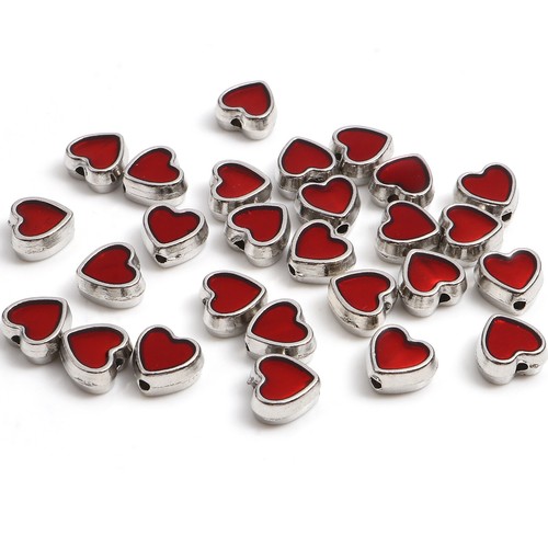 10 Valentine Love Heart Shaped Spacer Beads with Red Shiny Enamel Detail - Afbeelding 1 van 1