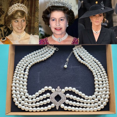 Queen Elizabeth, Prinzessin Catherine & Diana Royal Replik Perlen Halsreif Halskette