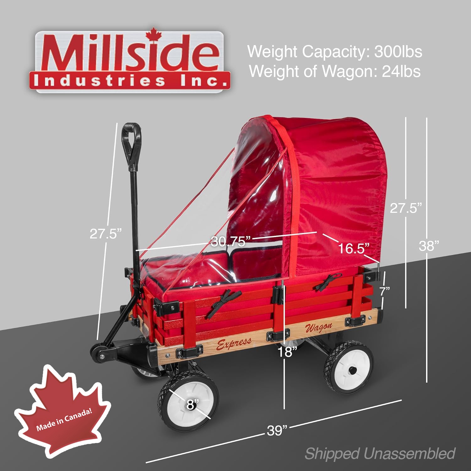Millside Industries Wood Wagon with Sleigh Runners, Pads & Canopy, Red, 16"x34"