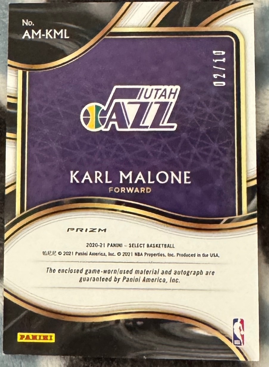 2020-21 Panini Select Karl Malone Auto Memorabilia GAME USED Patch Gold /10 Jazz view 2