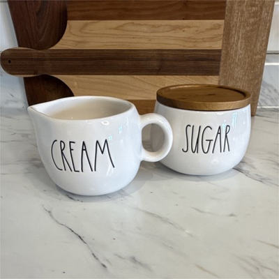 #ad #ad Rae Dunn Creamer amp; Sugar Set Ceramic amp; Wood with Lid Handles Farmhouse Style $14.00