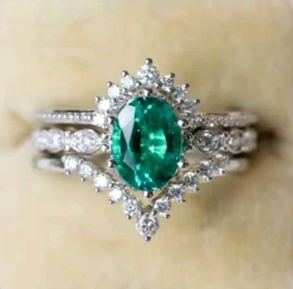 Juego de 3 anillos de piedras preciosas verde azulado Navidad envío gratuito talla 7 Foto 3 de 4