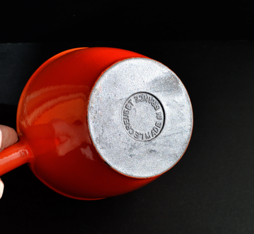 Vintage LE CREUSET Orange, White Enamel Cast Iron Saucepan Fondue Pot, France. - Bild 5 von 11