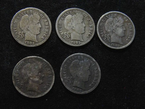 (5) 1902 Barber Dimes (3) P (1) S (1) O