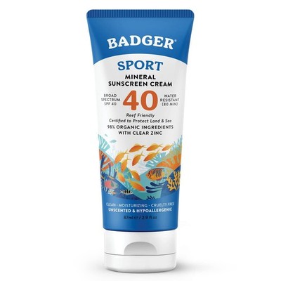 6/28 Badger Sport Mineral Sunscreen, Reef Safe, SPF 40, 98% Organic with Zinc Ox