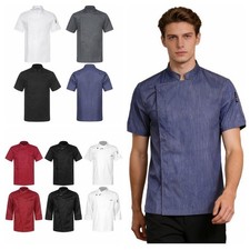 US Mens Chef Jackets Stand Collar Short Sleeve Chef Coat Solid Kitchen Uniform