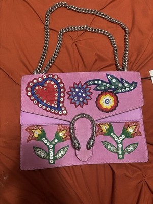 Gucci Dionysus Purple Floral Shoulder Bag Embroidered Sequin Silver Chain