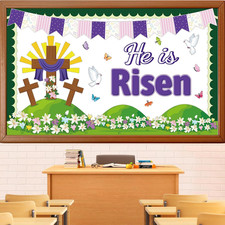 Easter Bulletin Board Decorations Set - He Is Risen Floral Cross Cutouts