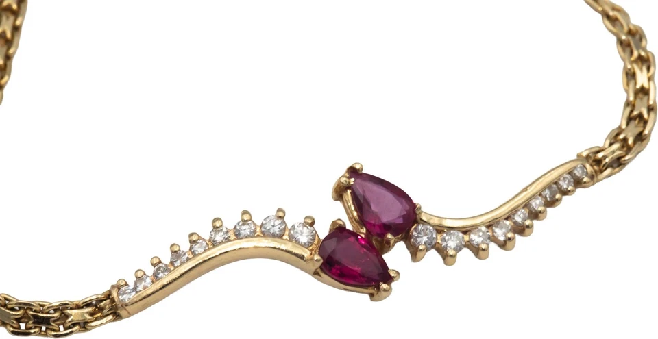 14k Yellow Gold 1.23CT Round Cut Diamond and Pear Cut Ruby Link Bracelet - Image 2 of 4