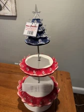RARE Mr. Christmas Miss Liberty Cupcake Stand -2 Tier Patriotic Cupcake Stand