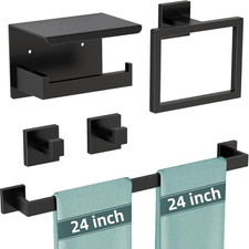 5-Pieces Matte Black Bathroom Hardware Accessories Set, 24 Inch Stainless Steel
