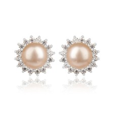 Sun Designer White Rhodium 925 Silver Pink Pearl CZ Gemstone Stud Earrings
