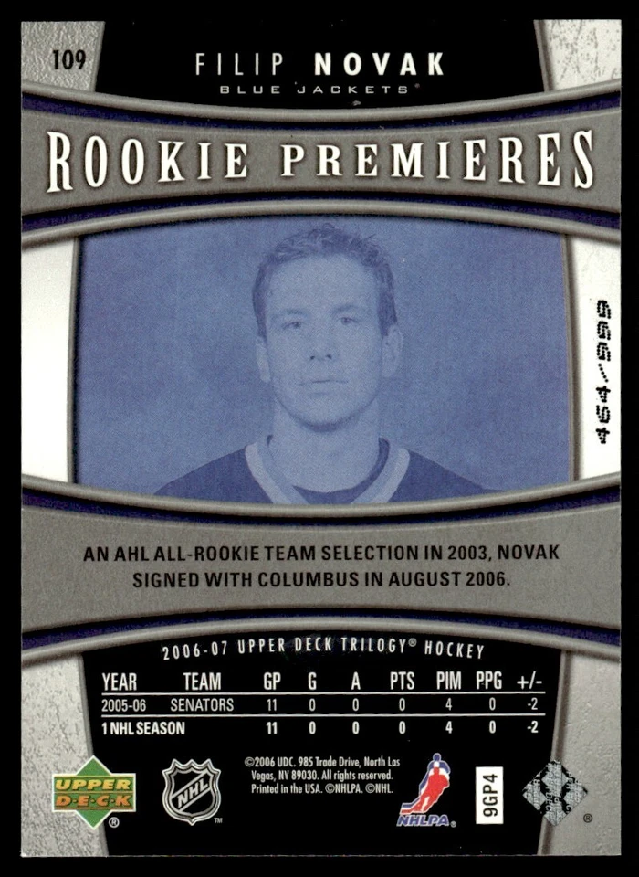 2006-07 Upper Deck Trilogy Filip Novak Rookie /999 Columbus Blue Jackets #109 - Image 2 of 2
