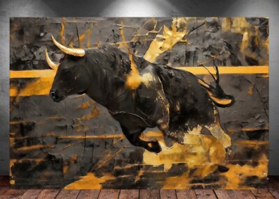 LEINWAND BILDER XXL ABSTRAKT STIER BULLE SCHWARZ GOLD POP ART WAND POSTER
