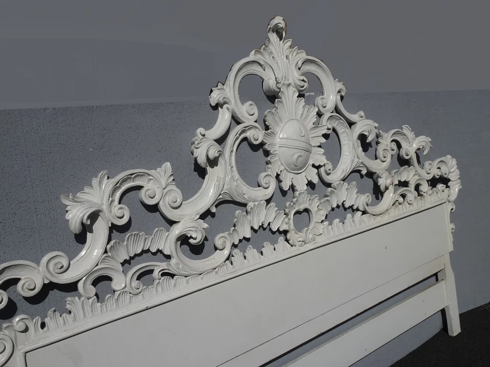 Vintage French Louis XVI Style Rococo White King Headboard Scrolls & Flourishes - Image 4 of 4