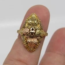 10k Tri Color Black Hills Gold Leaves Grapes Ring Marquise Diamond Shaped Face -