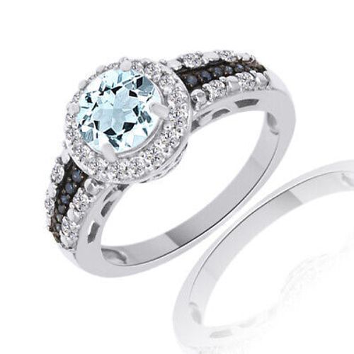 Halo Wedding Ring Aquamarine Birthstone & Blue Diamond Accent Sterling
