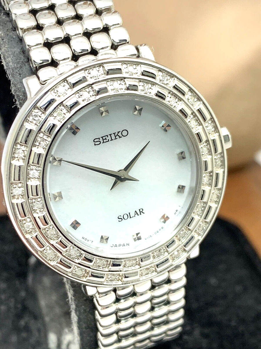 Seiko Tressia Solar Diamond Luxury Ladies Watch Pearl Dial Stainless Bracelet Seiko Solar Tressia Womens Watch 23mm Blue MOP Dial V115  main image 3