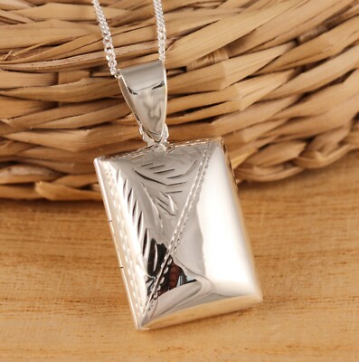 925 Sterling Silber rechteckig graviert Foto Medaillon Anhänger Halskette Geschenkbox
