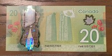 Canada $20, UNC, 2012 series RADAR FWB 1037301 Vimy Monument Queen Elizabeth