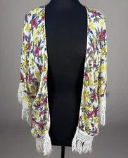 Zara Trafaluc Medium 3/4 Sleeve Open Kimono Wrap Fringe Boho Floral Multicolor