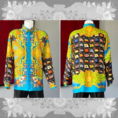 GIANNI VERSACE silk shirt Flags & Sun print size 50 S/S 1993 Miami collection