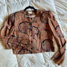 Vtg Moda Intl Crop Button Blouse Jacket Womens M/L Cotton Paisley Brown Boho
