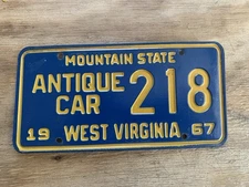 1967 West Virginia Antique Car License Plate #218 Year Make Registration Tag