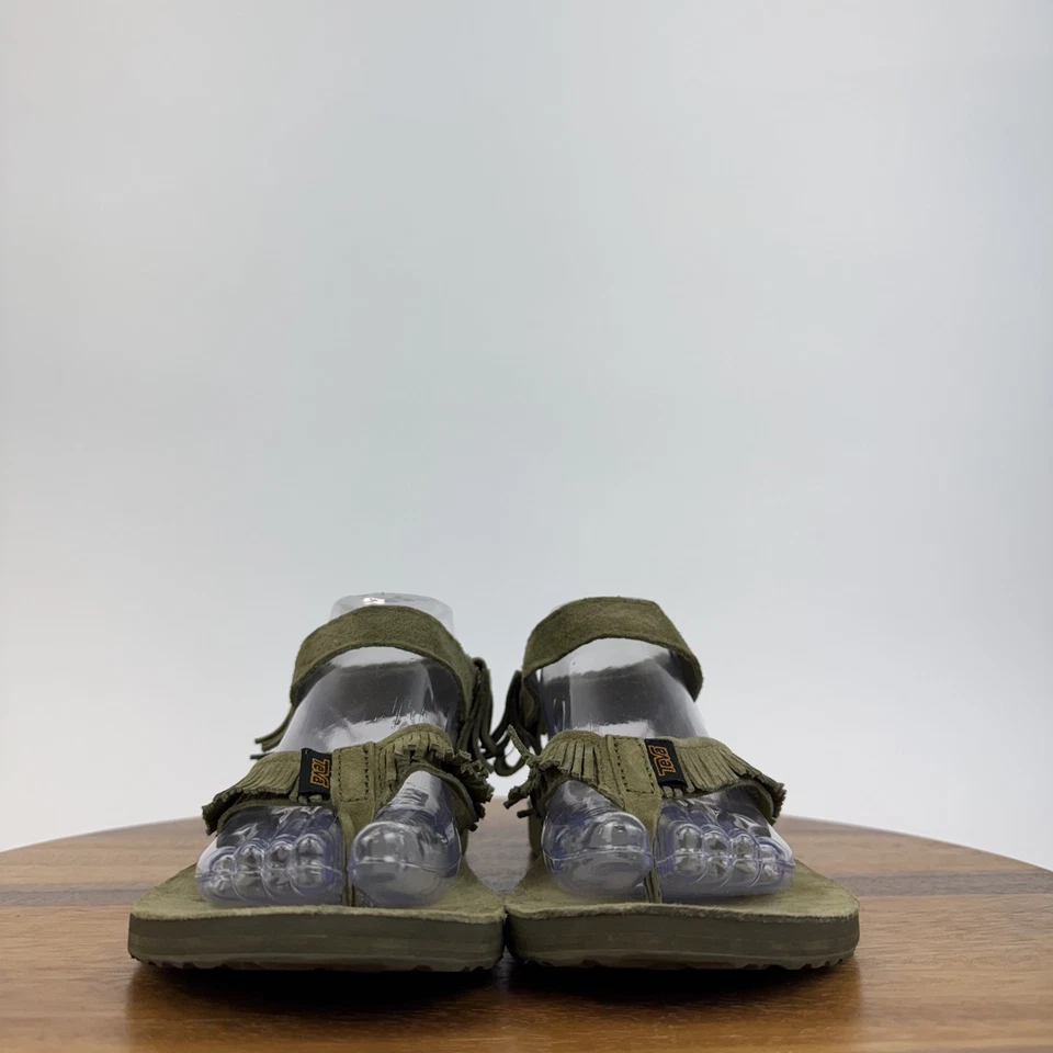 女式 Teva 原装绿色皮革条纹丁字裤户外凉鞋 9 M 码 — 第 3/4 张图片