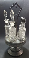 Cruet Condiment Caddy  Set Silverplate Antique Victorian Ribbed Glass Inserts