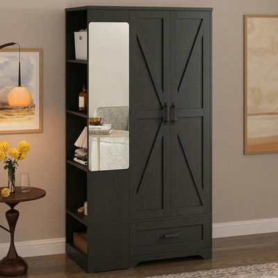 Stylish 70'' Black Wardrobe Closet with Mirror, Shelves & Drawer for Bedroom