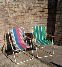 Vintage Folding Pair Of Striped Deck Chairs With Wood Handles -VW Camping Beach