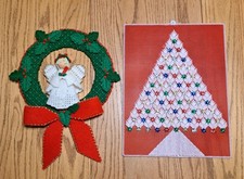 Vintage Plastic Canvas Needlepoint Wall Hangings Christmas Tree  Angel Wreath