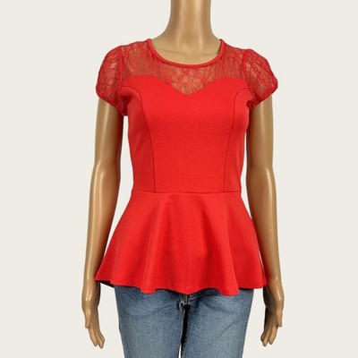 NEW Pretty Good LARGE Orange Peplum High Low Hem Tunic Shirt Lace Keyhole Back